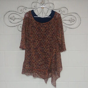ONE WORLD SHEER CROCHET SHORT SLEEVE OVER TANK TOP,FALL COLORS, TUNIC